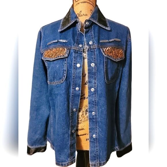 Streets Ahead Animal Print Design Denim Button Down Jacket Size M - Picture 1 of 10